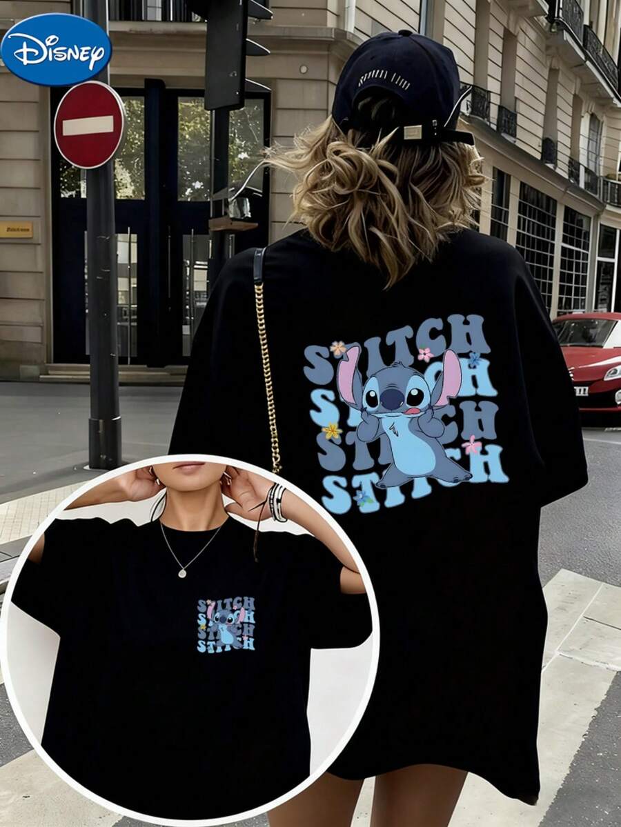 Disney Lilo & Stitch Series, Women's Casual T-Shirt, Featuring A Cute And Adorable "STITCH" With His Tongue Out, Printed On Both The Front And Back, Versatile And Stylish, Recommended For Sports And Commuting, A Classic Women's Short-Sleeve Shirt. - Black - View 1
