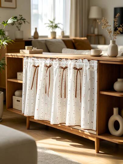 1PC Japanese Style Classic Simple Embroidery Brown Bow Border Strip Short Design Vintage Farmhouse Sheer Tulle Curtain Top Rod Pocket High-Quality Small Window Curtains Suitable For Living Room Bedroom Window Foyer Drapes