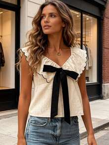 Womens Summer Blouses Casual Stylish Tie Bow Front Ruffled V Neck Sleeveless Tops - Apricot - View 2