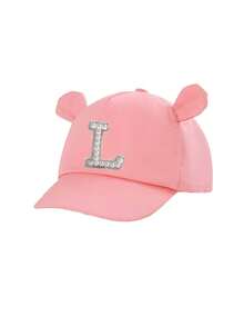 1 pieza Gorra de béisbol con orejas de oso lindo para niñas pequeñas con decoración de 26 letras, perlas y strass, protección solar, para 1-3 años, uso al aire libre y diario - Rosa - Ver 8