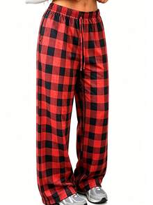 Retro Red Black Plaid Tie Waist Pajama Pants Loose Slim Fit Comfortable Breathable Casual Home Trousers. - Red - View 1