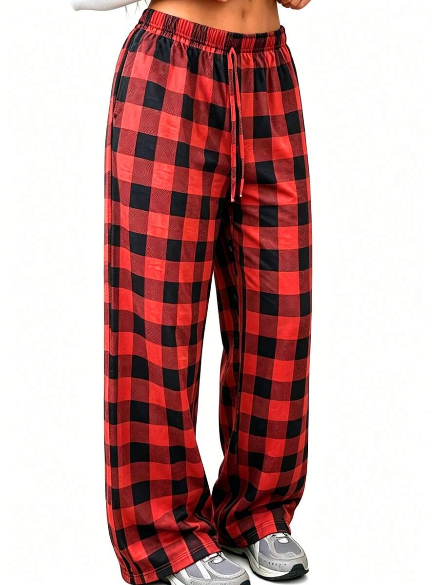 Retro Red Black Plaid Tie Waist Pajama Pants Loose Slim Fit Comfortable Breathable Casual Home Trousers. - Red - View 1