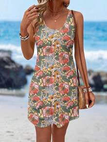 Vestido corto sin mangas con cuello redondo y estampado floral vintage casual para mujer, apropiado para el verano - Multicolor 9 - Ver 5