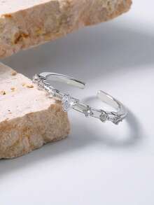 Nooxian 1 pieza Anillo ajustable con forma de corazón de cobre con circonita y strass - Plateado - Ver 7