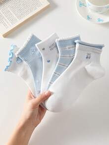 5 Pairs Women Cute Sweet White & Blue Bow, Heart, Cherry Print Short Socks, Student Socks, Comfortable Casual Creative Ruffled Socks, Random Colors, Suitable For Daily Wear All Seasons - Multicolor - View 6