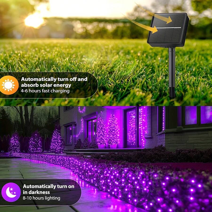 loyyz 戶外 LED 太陽能串燈,200LED/100LED/50LED/20LED 仙女串燈 8 種模式,IPX4,LED 節慶裝飾適用於樹木、庭院、花園和派對,假日屋頂裝飾、婚禮、聖誕樹裝飾 - 紫色的 - 查看 1