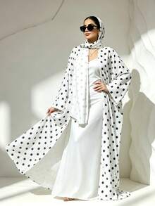 Bộ 1 món gồm khăn trùm đầu và áo choàng Abaya in họa tiết chấm bi, thiết kế cổ điển đa năng, phù hợp cho phụ nữ Hồi giáo mặc hàng ngày và cầu nguyện, thích hợp cho mọi mùa. - Nhiều màu - Xem 3