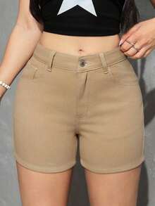 PETITE Pantalones cortos vaqueros sueltos y lavados de uso casual versátil - Caqui - Ver 3