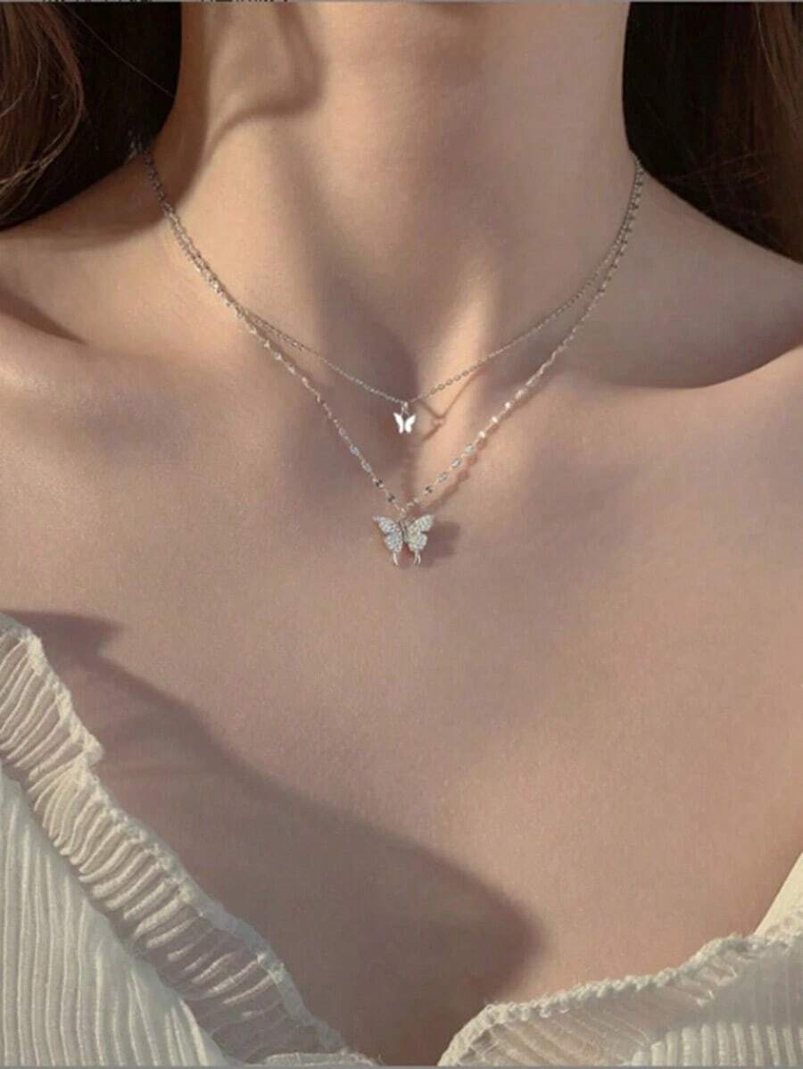 1 Piece Double Layer Butterfly Necklace, Elegant Clavicle Chain, Minimalist Design - 銀 - 查看 1