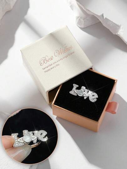 Gift Box Silver LOVE Letter Ring, Fully Paved Zirconia Letter Design With Planet & Star Elements, Adjustable Open Ring For Women