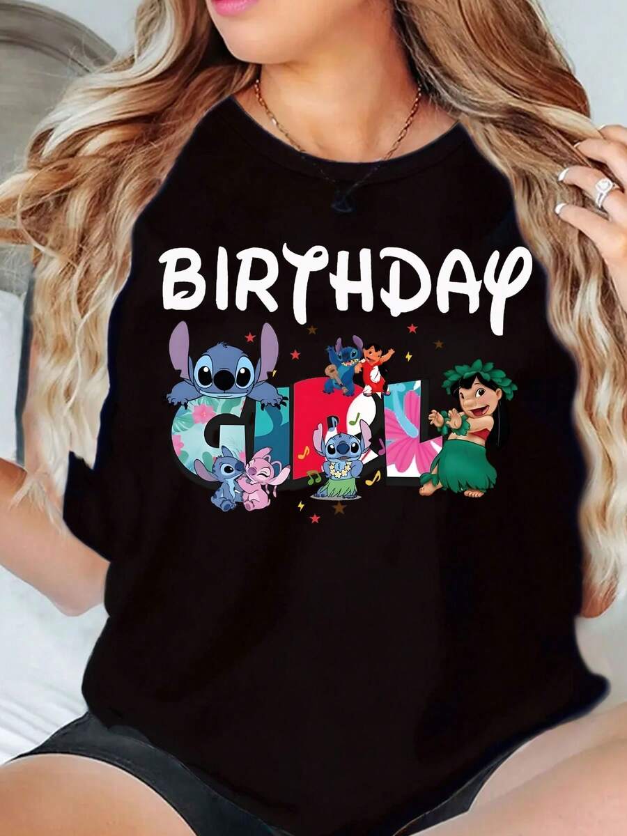 Stitch And Lilo Birthday Girl Print Disney Women T Shirt Round Neck Short Sleeve Casual Wear For Birthday Party Soft Comfortable 220g - Black - View 1