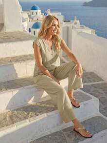 Women's Versatile And Fashionable Solid Color Jumpsuit With Buttons For Vacation - Khaki - View 6