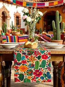 Tropical Flower Cactus Pattern Table Runner, Mexican Style, Modern Home Kitchen Decor, Table Runner Placemat Pillowcase Set, Suitable For Daily Home Kitchen Decoration, Daily Party Decoration. - Multicolor - View 2