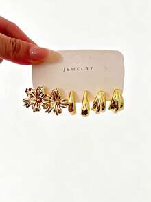 6/18 pièces Ensemble de boucles d'oreilles fleuries en métal doré géométrique à la mode, ensemble de boucles d'oreilles à la mode pour femmes, convient pour un port quotidien (matériau CCB léger, sans décoloration/fatigue auriculaire) - Doré - Voir 4