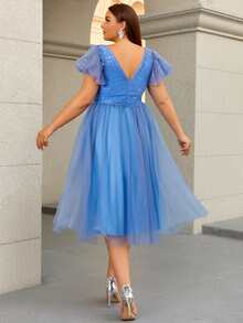 Women Plus Size Elegant Sequin Floral Print Mesh Applique V-Neck Cocktail Party Bridesmaid Dress For Wedding Guest, Homecoming, Spring/Summer/Autumn - Dusty Blue - View 5