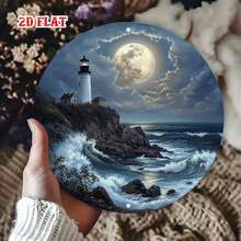 2D Flat - Round Metal Sign, Depicting A Lighthouse Under A Full Moon By The Sea, Vintage Country Style Design, Perfect For Vintage Home Decor - Multicolor - View 9