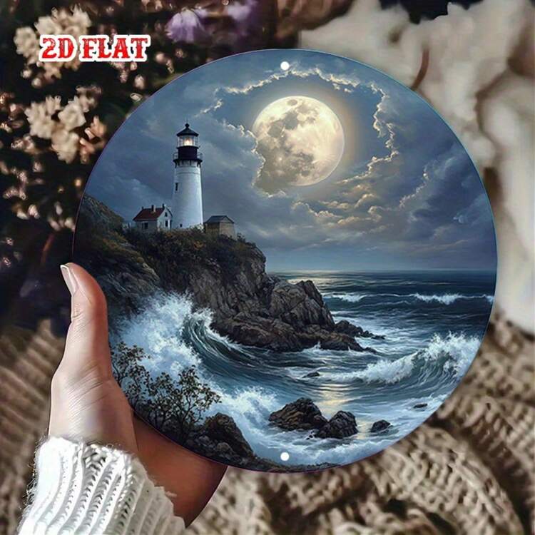 2D平面圓形金屬標誌，描繪海邊滿月下的燈塔，復古鄉村風格設計，非常適合復古家居裝飾 - 彩色 - 查看 8