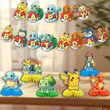 13pcs-Pokemon Birthday Party Decor Kit, Pokeball Happy Birthday Banner + Honeycomb Table Centerpieces + Paper Masks, Kids Anime Theme Party Supplies - T2 - View 3