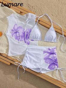 Conjunto de bikini de 3 piezas/set: Top halter casual y sexy con cubierta de malla floral transparente, Bottom de traje de baño con lazos laterales, tela con estiramiento moderado, adecuado para vacaciones, playa, actividades en la piscina, fiestas en la playa, vacaciones de verano - Multicolor 5 - Ver 5