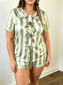 Women's Plus Size Pajama Set Striped Sleepwear Short Sleeve Doll Collar Ruffle Button Down Tops And Shorts 2 Piece Lounge Set - Army Green - View 1