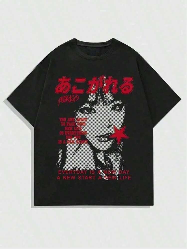 ROMWE MEN Anime Short Sleeve Shirt With Slogan/Character Pattern, Men's Y2K Style, Summer, School, Emo - màu đen - Xem 1