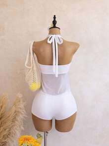 Bellisia Swim Chic Sea French Elegant Halter Neck Tankini Swimwear With Metal Decor And Mesh Splice, Vacation Style - 白色 - 查看 3
