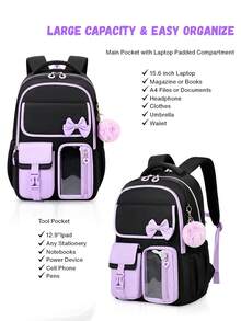 Set de 3 mochilas con bloques de color lindos, que incluye una mochila escolar con decoración de lazo adorable, cierre con cremallera, gran capacidad y múltiples bolsillos, ligera, adecuada para varias ocasiones como la escuela o viajes, regalo de regreso a clases - A - Ver 4