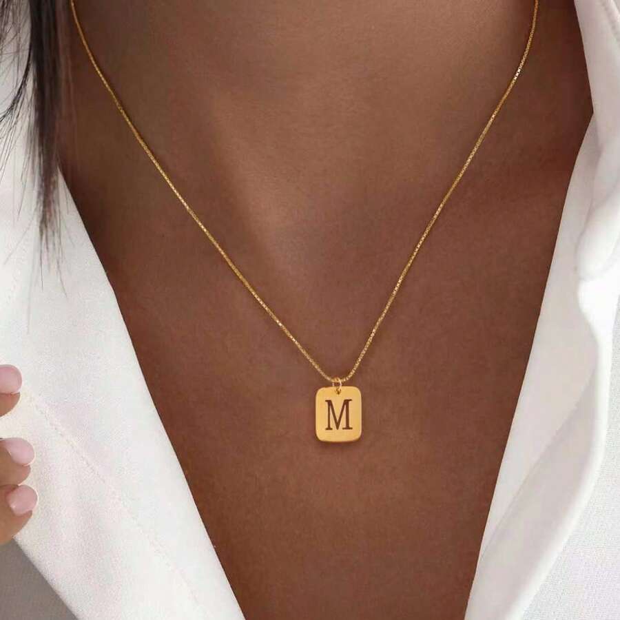 1pc Women's Classic Square Letter Pendant Gold Box Chain Necklace - Yellow Gold - View 1
