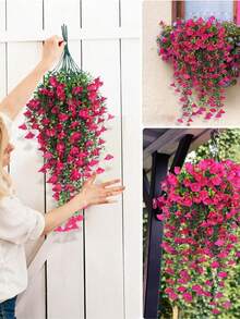 4pcs/6pcs/8pcs Artificial Green Vine And Eucalyptus Leaf Decor. UV Resistant Suitable For Outdoor. Suitable For Wedding, Porch, Living Room, Office Wall, Garden, Bookshelf, Home Decor. - Red Lotus Color - View 4