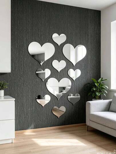 10pcs/Set Acrylic Mirror Heart Decor Stickers, Gold/Silver Reflective 3D Heart-Shaped Mirror Wall Decals, Suitable For Wall, Glass, Door, Flat Surface Decoration, Home Living Room, Bedroom, Kitchen