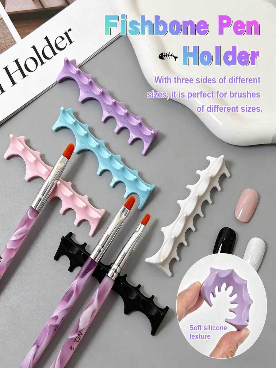 Silicone Fish Bone Pen Holder, Non-Slip Multi-Functional Nail Art Tool Storage - Multicolor - View 1