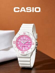 CASIO 女款學生防水運動手錶，白色錶殼搭配粉色格紋錶盤，極簡石英腕錶，適合中學生與高中女生，戶外、游泳、百搭、清新，白色手錶，禮物 - 白色 - 查看 3