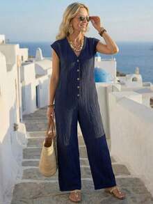 Women's Versatile And Fashionable Solid Color Jumpsuit With Buttons For Vacation - Grey - View 6