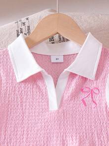 2pcs Girls Casual Colorblock Lapel Sleeveless Top & Bow Denim Skirt Shorts Set, Summer - Pink - View 5