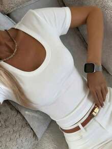 Camiseta casual de verano para mujer con cuello redondo y mangas cortas de color contrastante - Blanco 5 - Ver 3