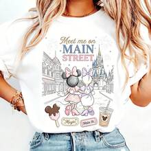 Disney "Meet Me On Main Street" Magic Kingdom Castle Oversized T-Shirt Unisex, 100% Cotton Vintage Short Sleeve Casual Top, Minnie & Daisy Graphic Print Tee - trắng - Xem 1