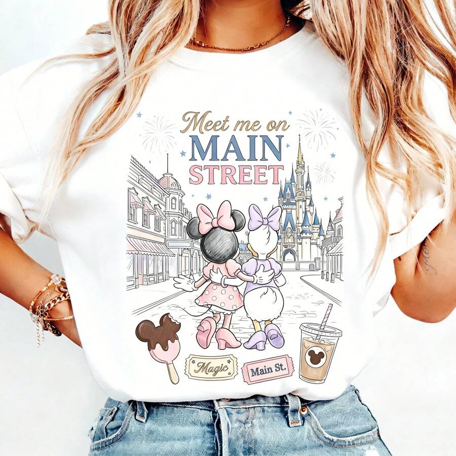 Disney "Meet Me On Main Street" Magic Kingdom Castle Oversized T-Shirt Unisex, 100% Cotton Vintage Short Sleeve Casual Top, Minnie & Daisy Graphic Print Tee - trắng - Xem 1