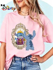 Breathable Cotton Lilo & Stitch Fan Tee | Stitch As Evil Queen Mirror Scene Halloween Print | Classic Disney Pullover Shirt - 粉色 - 查看 1