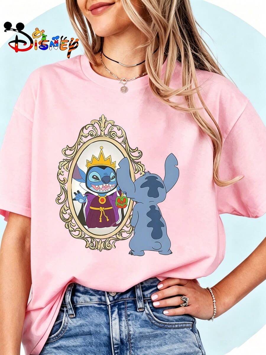 Breathable Cotton Lilo & Stitch Fan Tee | Stitch As Evil Queen Mirror Scene Halloween Print | Classic Disney Pullover Shirt - 粉色 - 查看 1