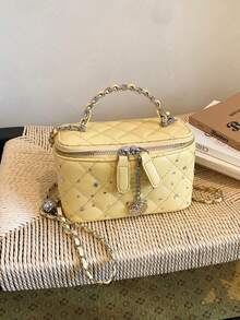 1pc BEIKAMU Rhombus Pattern Handbag Box Design, Fashionable Lipstick & Coin Purse, Elegant Chain Shoulder Crossbody Bag - Yellow - View 5
