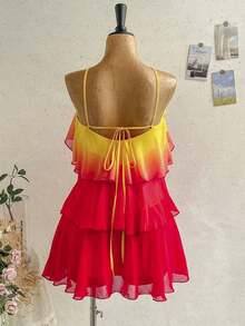 FJDVSoleia Nuevo vestido elegante y romántico para invitados de boda, de unicolor, con espalda descubierta, multicapa con volantes de gasa, minivestido, adecuado para estilo bohemio, boho, flores románticas, vacaciones, fiestas florales, citas, San Valentín, Pascua, carnaval, té de la tarde, playa, crucero, vacaciones en la ciudadFBSB 1SYR - Naranja Quemada - Ver 2