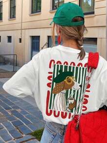 T-shirt da donna a maniche corte e girocollo con stampa a tema vacanze, vestibilità comoda e rilassata, ideale per l'estate, la spiaggia, l'ufficio e l'uso quotidiano, colore bianco. - Bianco - Visualizzare 2