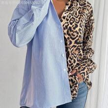 Fengyu Women's Clothing Store  Blusa de manga larga holgada y casual con estampado de leopardo y bloques de color en estilo francés elegante para mujer - Azul - Ver 7
