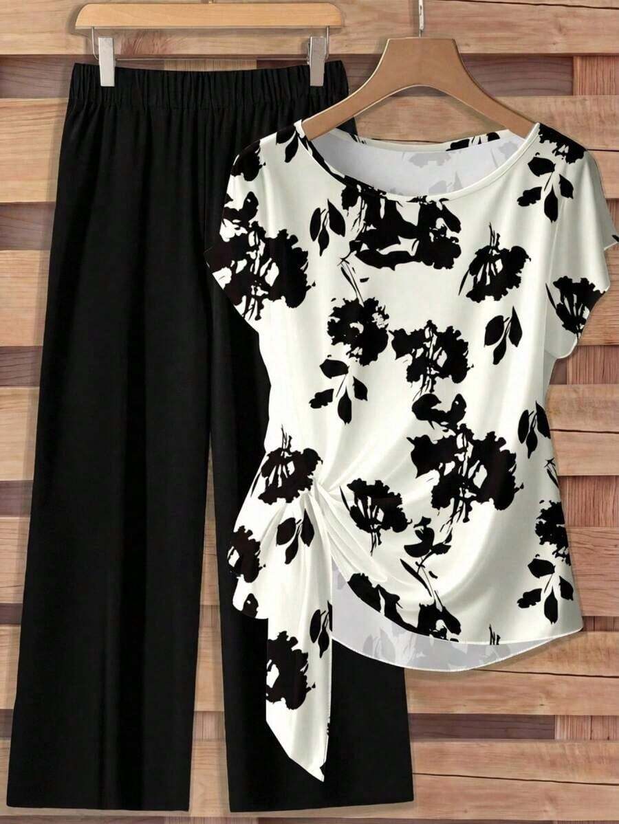 Clasi Conjunto de 2 piezas de camisa de manga corta holgada con lazo y pantalones rectos holgados, de estilo vintage elegante y versátil, con estampado floral azul sobre base blanca, adecuado para otoño/invierno, cómodo y cálido - Multicolor 2 - Ver 1