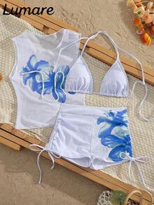Conjunto de bikini de 3 piezas/set: Top halter casual y sexy con cubierta de malla floral transparente, Bottom de traje de baño con lazos laterales, tela con estiramiento moderado, adecuado para vacaciones, playa, actividades en la piscina, fiestas en la playa, vacaciones de verano - Multicolor 3 - Ver 1