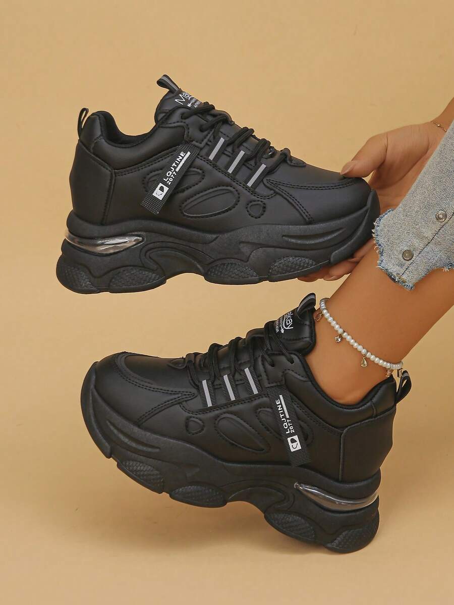 Women's Platform Sneakers, Casual Lace-Up Letter Print Sporty Trainers, Suitable For Spring And Autumn - Black - View 1