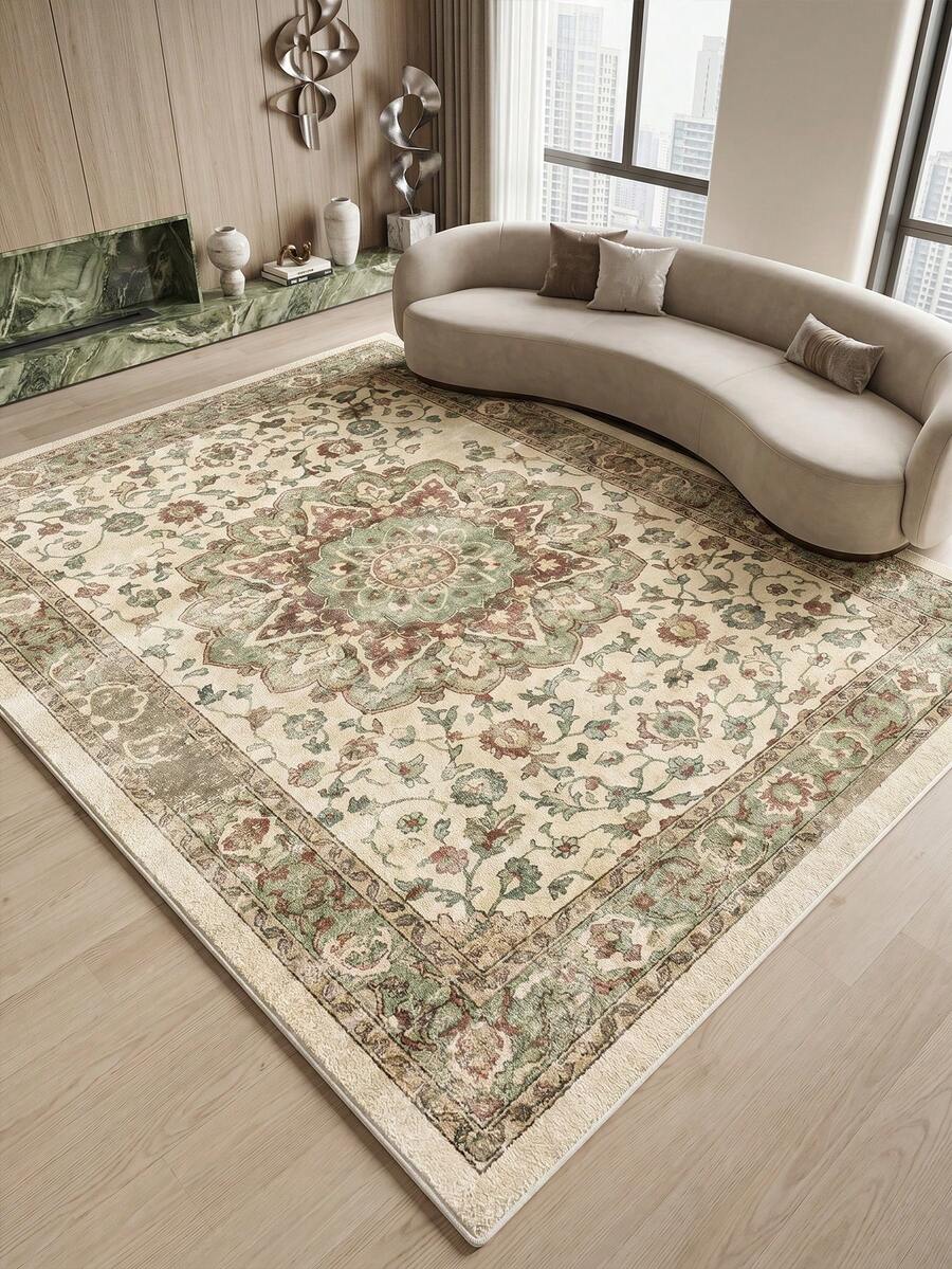 1pc Green & Brown Vintage Bohemian Style Living Room Rug. Suitable For Kitchen, Dining Room, Bedroom, Room Holiday Decor, Indoor/Outdoor, Office, Lobby, Anti-Slip Doormat, Bathroom Rug, Hallway, Study, Gaming Area Rug.