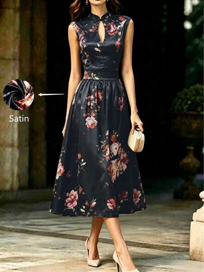 Vintage Summer Elegant Black Floral Sleeveless Dresses For Women Mandarin Collar Chinese Style A Line Dress Party Wedding Guest Going Out Outfits Vacation