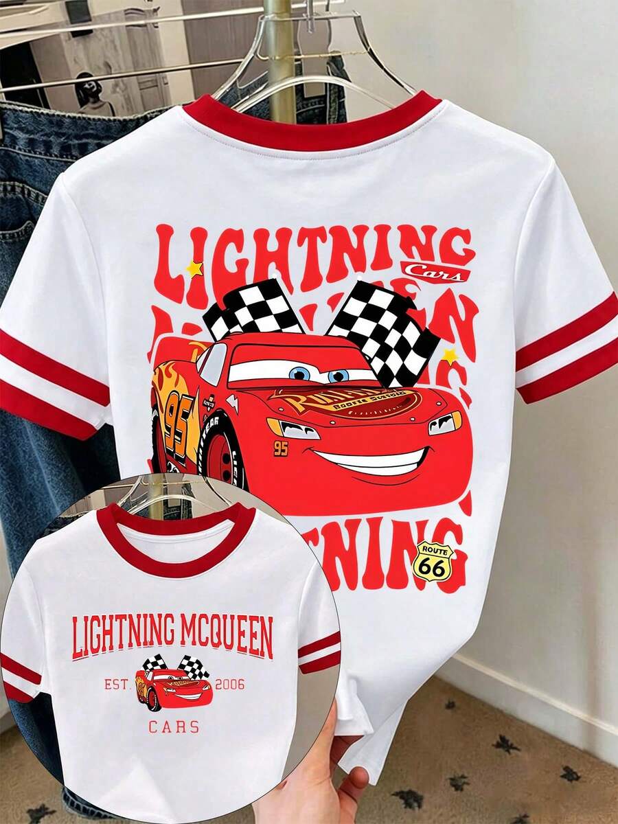 [Disney Official Authorization] Women's Casual Short Sleeve Round Neck Graphic Tee Top, Stylish Knitted Fabric T-Shirt With Print For Everyday Wear Disney Land .The Print Features Lightning McQueen From *Cars*..Cartoon Loose Fit Versatile Couple And Family Matching Round Neck Short Sleeve T-Shirt Top - White - View 1