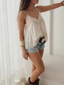 Women's Summer Solid Beige Sexy Sheer Bohemian Textured Lace Trim Camisole Top, Suitable For Daily Outings, Summer Beach Vacation, Dates, Parties - Apricot - View 6